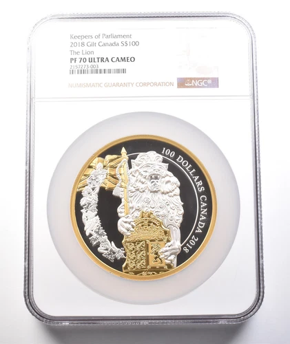 2018 Canada $100 Silver Gilt Keepers Of Parliament The Lion PF70 UCAM NGC *3777