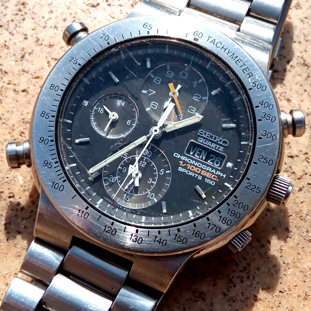 Seiko 7T59-6A00 Chronograph 1/100 SEC Quartz Japan All Steel Watch