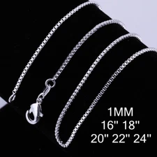 925 Sterling Solid Silver 1MM/1.5MM/2MM Box Chain Necklace For Women 16-24"