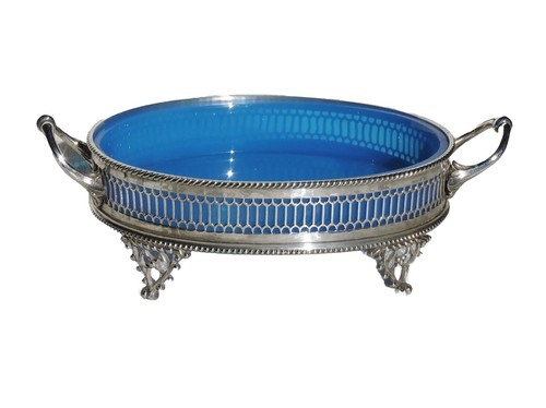 Burriera a cestello con bordo a terrazzo Sheffield e vetro azzurro c 1900 - 第 1/8 張圖片