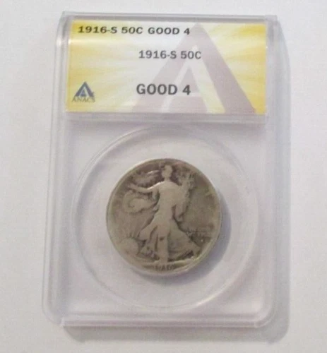 1916-S  WL Walking Liberty Half Dollar 50c ANACS G4 Good 4 Scarce Date