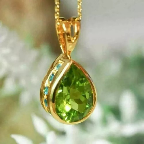 2 Ct Pear Lab-Created Peridot-Blue Topaz Teardrop Pendant 14K Yellow Gold Plated - Picture 3 of 8