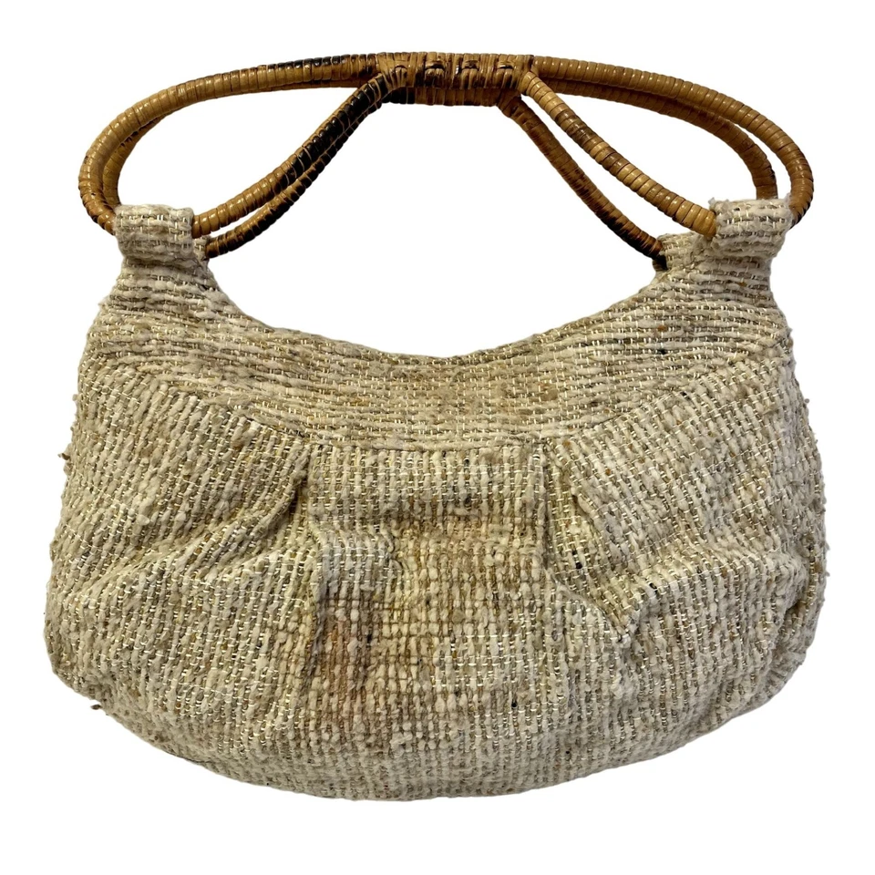 De Colección Años 70 NATURAL Beige ALFOMBRA Bolso de Mano Top Bambú Mango HIPPIE Boho MoD Cartera Foto 2 de 4