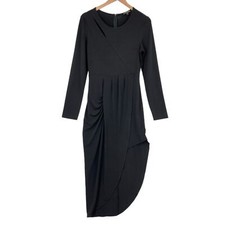 Express Long Maxi Dress Women Medium Black Ruched Pleated Round Neck Back Zipper