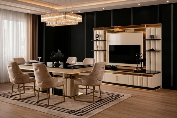 Esszimmer Set Esstisch 6X StüHle Tv-Block Beigе Moderner Stil Schick-image