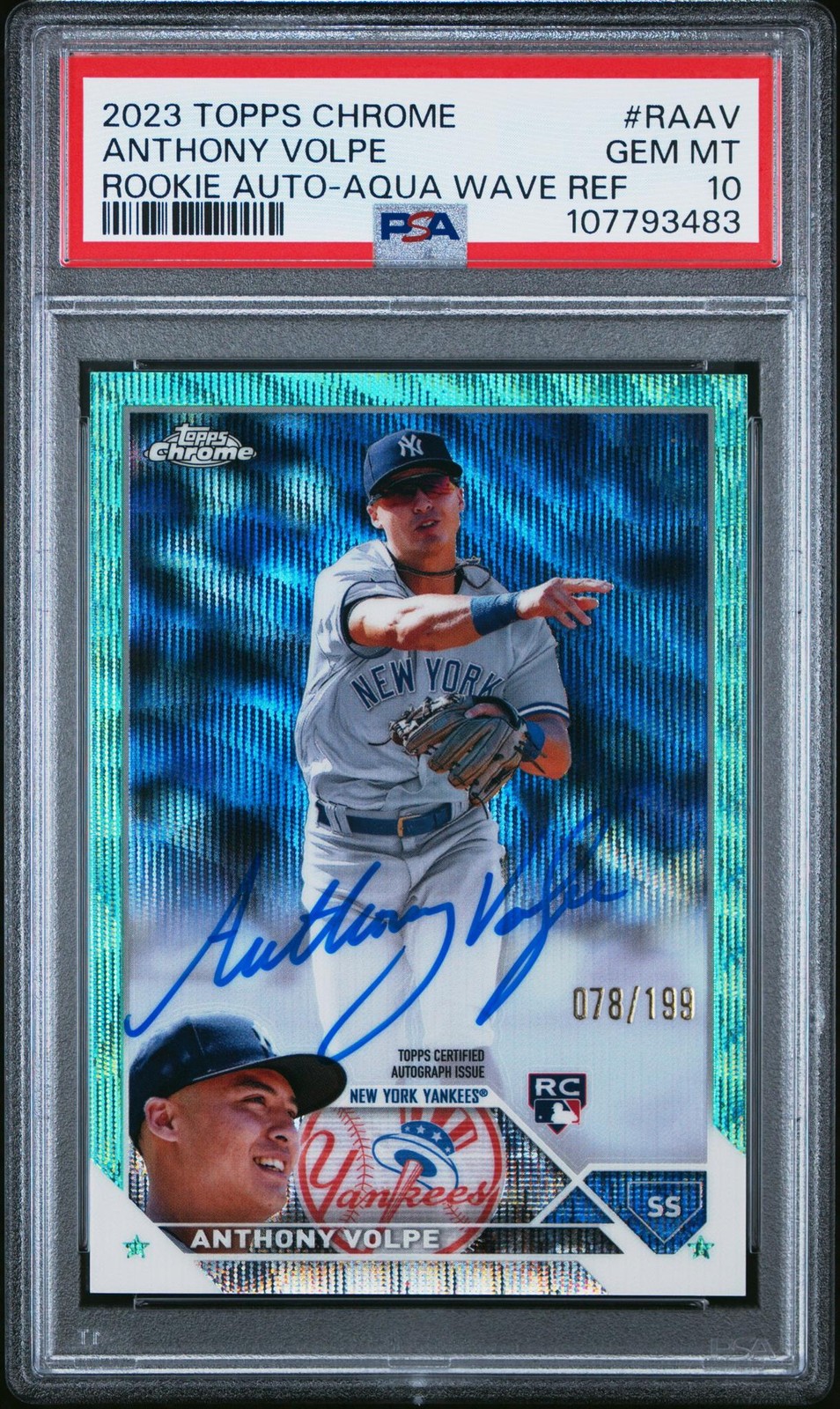 2023 Topps Chrome Rookie Auto Aqua Wave Refractor Anthony Volpe /199 PSA 10