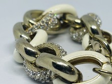 Bracciale Alta Moda Grosso Grande Moduli Ovali Smalto Bianco Cristalli Scintillanti