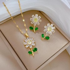 Classic Green Leaf Flower Necklace and Earrings Set Light Luxury Sunflower Perso
