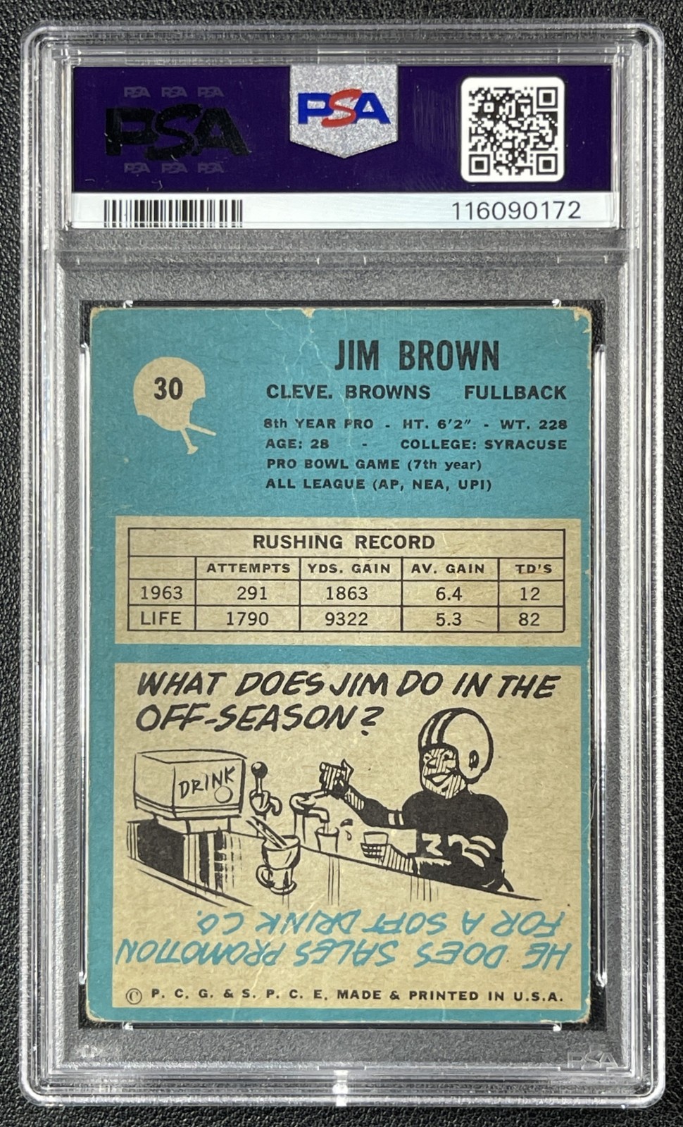 JIM BROWN PSA 1 1964 PHILADELPHIA #30 BROWNS 0172 view 2