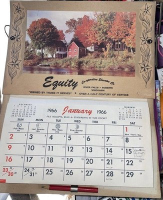 1966 Pocket Calendar, Co Operative Equity Elevator  Rivers Falls, Roberts Wi