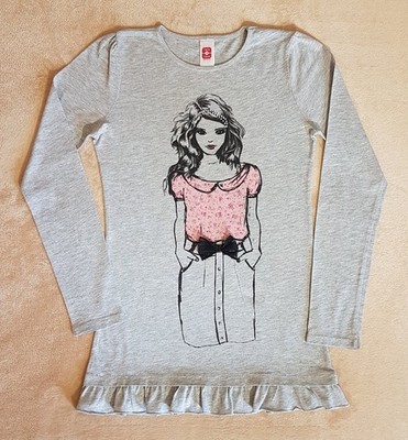 here+there C&A Mädchen Langarmshirt Gr. 152 Grau Print Strass Schleife Rüschen
