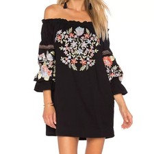 Free People Off-The-Shoulder Embroidered Dress Women's S Black Boho Festival