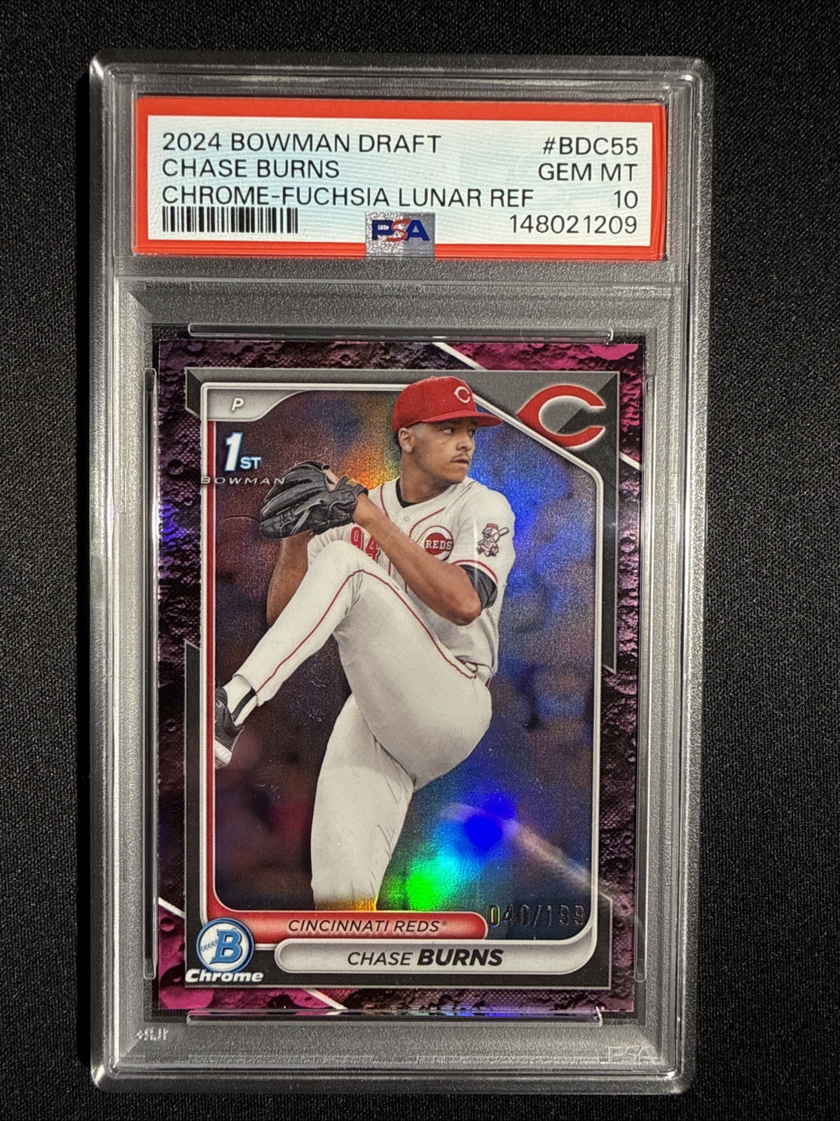 2024 Bowman Draft Chase Burns Chrome Fuchsia Lunar Refractor /199 PSA 10 BDC-55