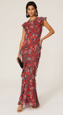 Saloni Maxi Dress Sz 10 Red Tamara Monkey Jungle Silk Ruffle Ruby Floral Gown
