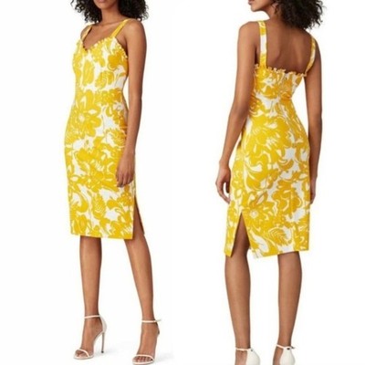 NWT Trina Turk Zile Size 8 Tropical Yellow Floral Midi Dress Ruffled Trim Travel
