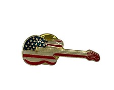 American Flag Guitar Lapel Pin Gold-Tone Enamel Patriotic USA Music Symbol