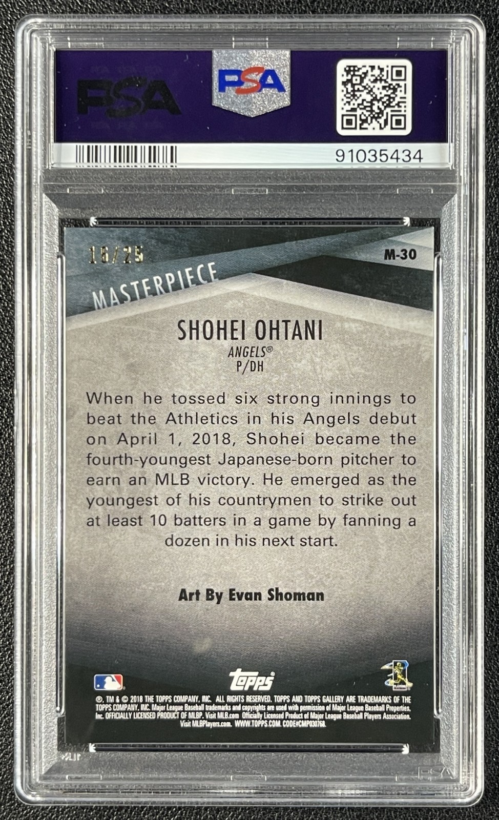 SHOHEI OHTANI PSA 9 2018 TOPPS GALLERY #M-30 ROOKIE MASTERPIECE ORANGE RC 16/25 view 2