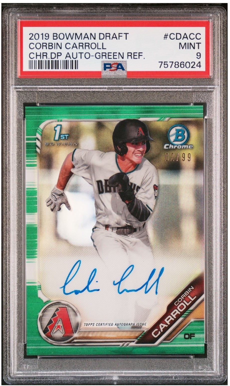 Corbin Carroll 2019 Bowman Draft Chrome 1st Auto RC Green Refractor 02/99 PSA 9