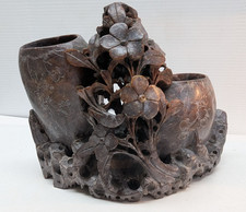 Twin Type Chinese Carved Soapstone Floral Double Vase Sculpture 8 x 6 Inch Brown