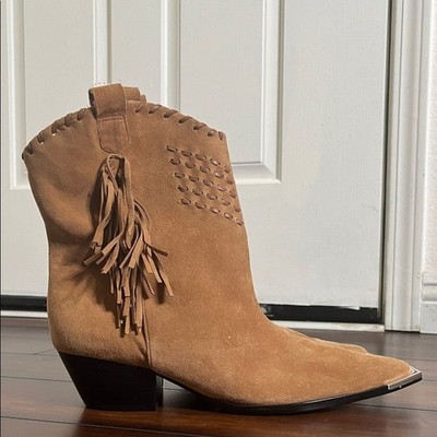 Schutz Alexxa Suede Bootie In Wood Women's size 10.5 Western Rodeo Boho NWT