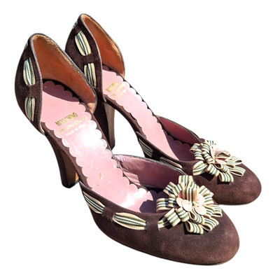 MOSCHINO Cheap and Chic Suede Pumps Brown Pink Floral Bow Heels 36 Vintage