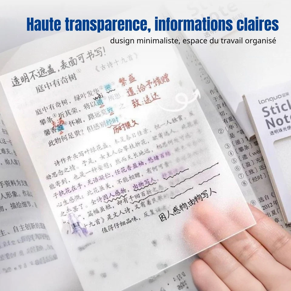 Notes autocollantes transparentes, bloc-notes minimaliste, surface inscriptible - Photo 2/4