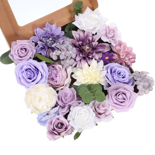 Artificial Flowers Combo Silk Mix Fake Flowers with Stems Faux Flower Set Purple