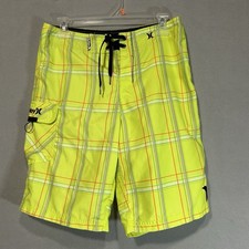 Hurley Mens Swim Trunks Size 29 Bright Green Plaid Logo Hook  Loop Pocket