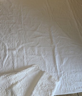Vtg Crown Crafts White Matelasse Bedspread 2 Shams Floral Sunflower Full 3Pc
