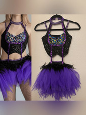 Glamour solo dance costume purple black feather rhinestone sassy LC