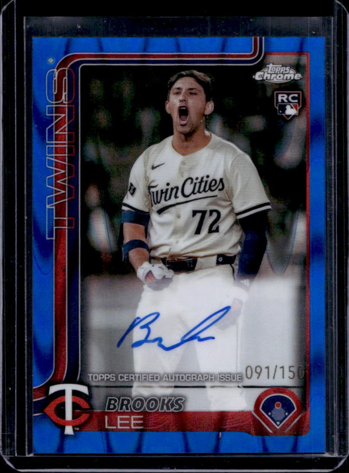 2025 Topps Chrome Brooks Lee Rookie Auto RC Blue RayWave Refractor #91/150 Twins