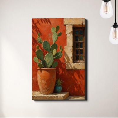 Prickly pear cactus rustic Wall Art, terracotta pot desert plant illustration