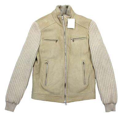 $11800 Brunello Cucinelli Suede Shearling Cashmere Knit Bomber Jacket XS Beige