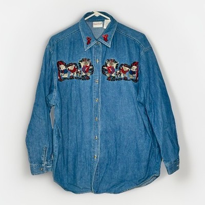 Vintage Bobbie Brooks Denim Shirt Sz XL Button-Up Long Sleeve Bears Christmas.