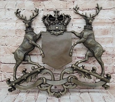 Royal Family Crest Coat of Arms Two Stags Crown Shield Bronze Wall Plaque