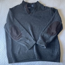 Chaps Gray Henley Sweater With Brown Suede Elbow Patches 100 Cotton Large