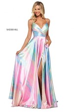 Sherri Hill Satin Multicolor Tie Dye Strappy V-Neck Long A-Line Dress with Slit