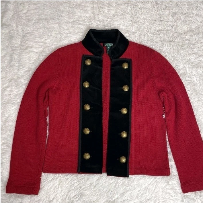 Suéter Ralph Lauren S vermelho veludo botão dourado banda militar jaqueta equestre  - Imagem 2 de 4