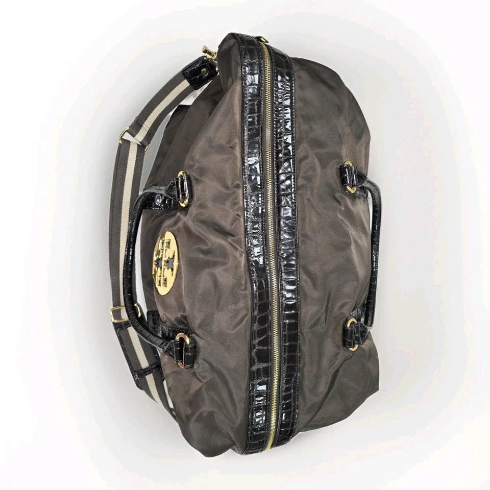 Tory Burch Nylon Croc Weekender Duffel Travel Bag Brown Gold Logo OS - Image 3 of 4