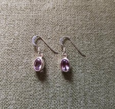 Sterling Silver 925 Oval Cut Amethyst Drop / Dangle Earrings Purple Very Sparkly