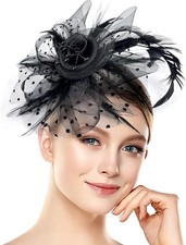 Halloween Fascinators Hat for Women Tea Party Feather Headband Mardi Black