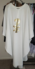 PRIEST CLERGY CHASUBLE VESTMENT WHITE W/GOLD CHI RHO APPLIQUE' CUSTOM MADE 19