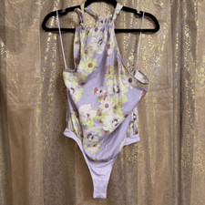 Free People Lavender One Shoulder Floral Silky Tie Shoulder Bodysuit Small NWOT