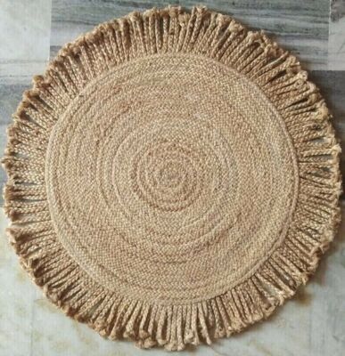 Round Jute Rug in Beige Color Tussle Design Handmade Area Rug for Living Room