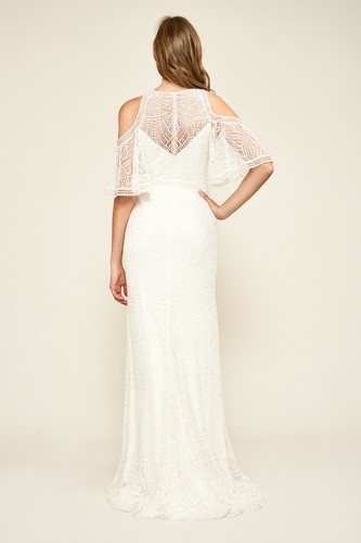 TADASHI SHOJI Bridal Ivory LUZ Embroidered Cold Shoulder Flutter Sleeve Gown 8 M - Picture 10 of 12