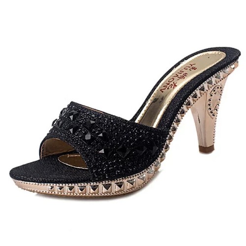 Sandali donna strass ciabatte sexy spessi tacco alto decolte estive slide - Foto 8 di 24