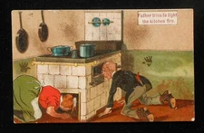1907 Comic Father Tries to Light the Kitchen Fire Old Stove Pots and Pans PC
