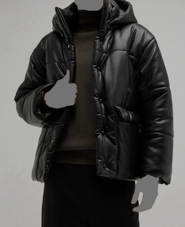 994 美元 Nanushka 男式黑色人造皮革连帽超大 Puffer 夹克 XL 码