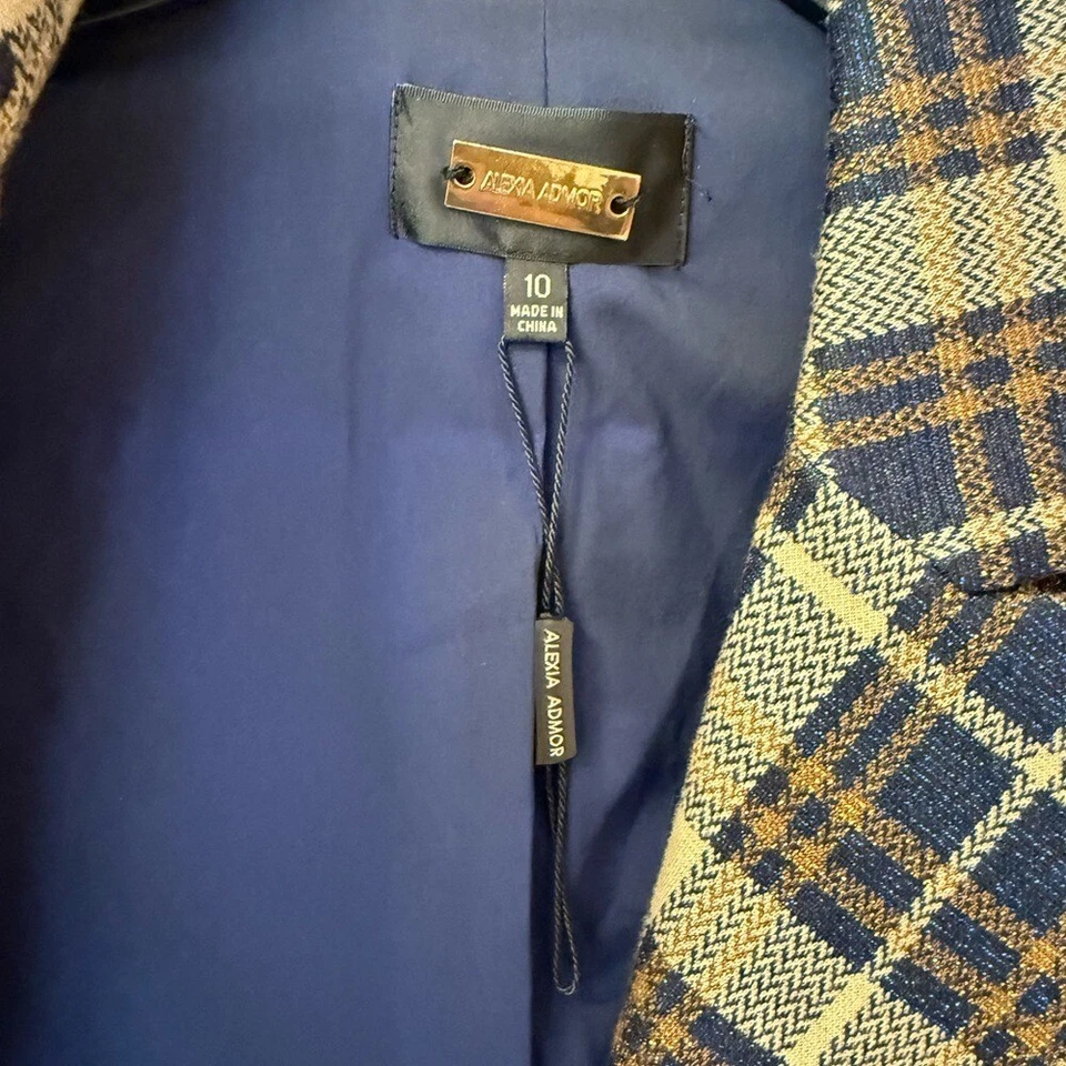 Alexia Admor Women Size 10 Blue Metallic Tartan Plaid Double Breasted Jacket - Image 4 of 4