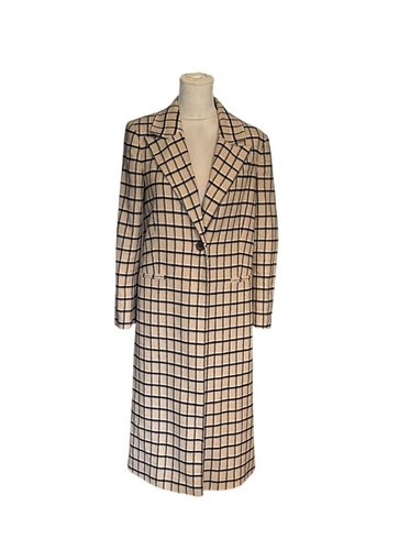 Something Navy Womens XS Plaid Wool Blend Long Topper Coat Beige & Blue Edgy - Picture 2 of 12